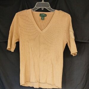 Lauren Ralph Lauren Tan Ribbed Knit V‑Neck Short Sleeve Top Women's Sz Med